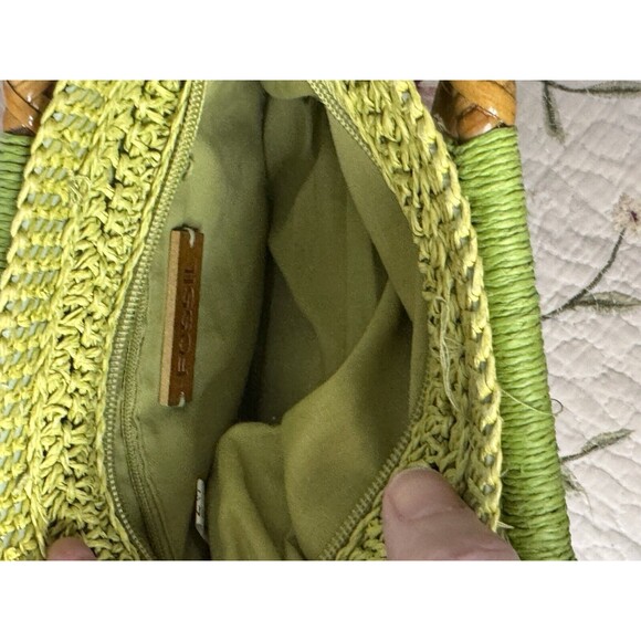 Fossil Straw Mini Satchel Bag Purse Green Double Handle Wood bv - Picture 6 of 7
